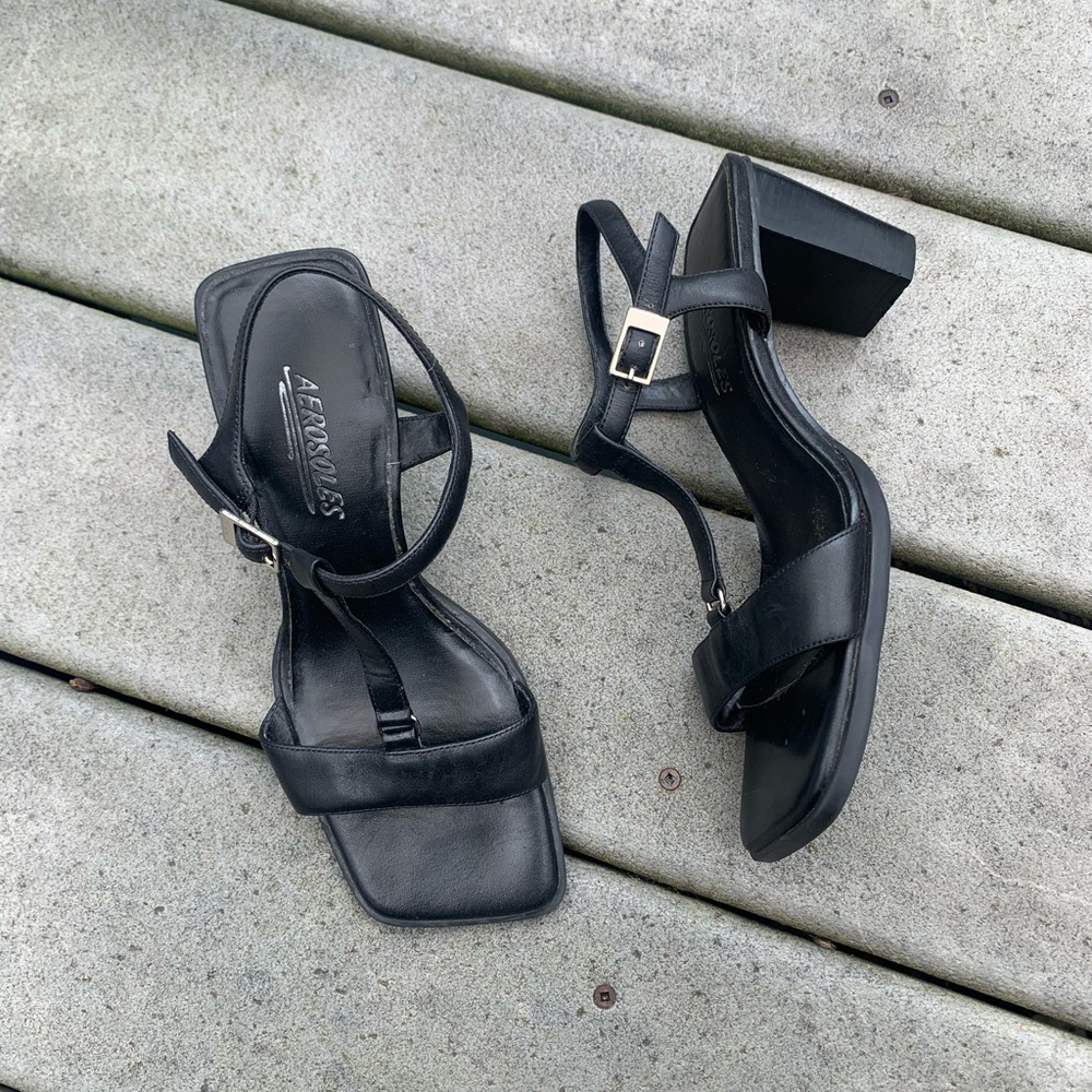 Vintage 90’s Black Strappy Platform Sandals | Block Heel Square Toe Heels